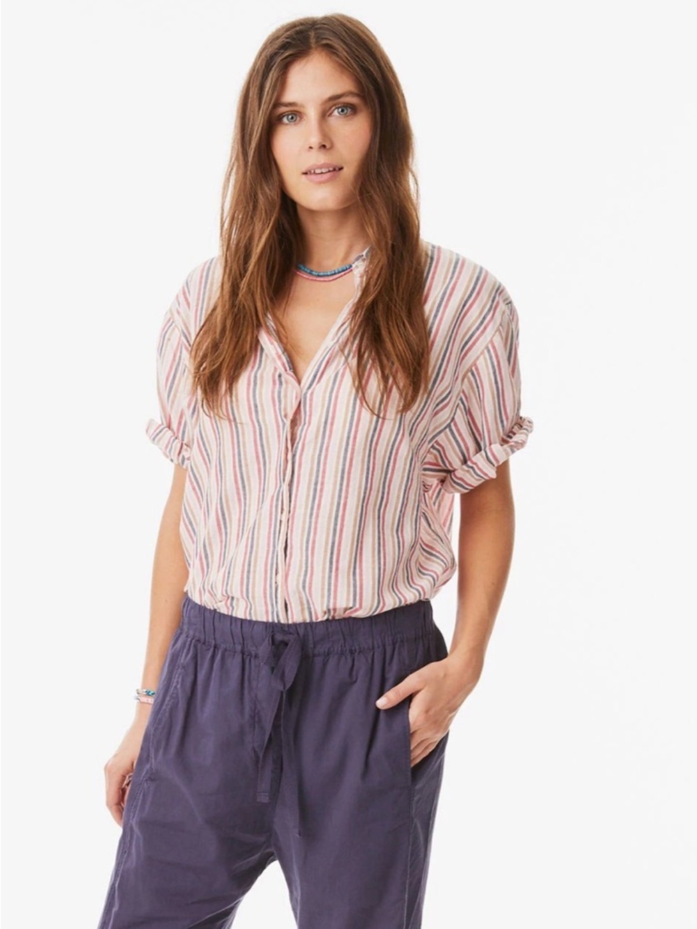 Xirena Cuffed Sleeve Pink Gold Metallic Stripe Mandarin Cotton
Channing Shirt XS